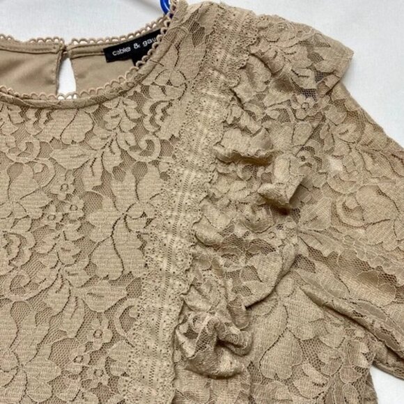 Cable & Gauge Lace Blouse Women's Medium Tan Sheer Ruffled Sleeves Front Boho - Picture 8 of 9